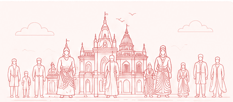 Line drawing of Bhavsar families in traditional dress in front of a temple